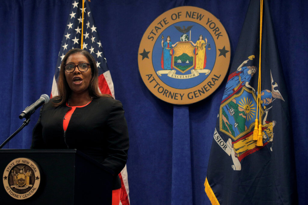 FILE PHOTO: New York State Attorney General, Letitia James, speaks during a news conference, to announce a suit to dissolve the National Rifle Association, In New York