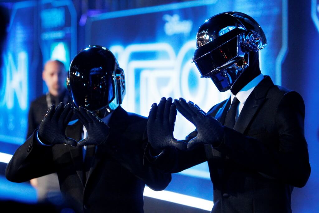 FILE PHOTO: Musicians Banglater and de Homem-Christo of Daft Punk pose at the world premiere of the film “TRON: Legacy” in Hollywood, California