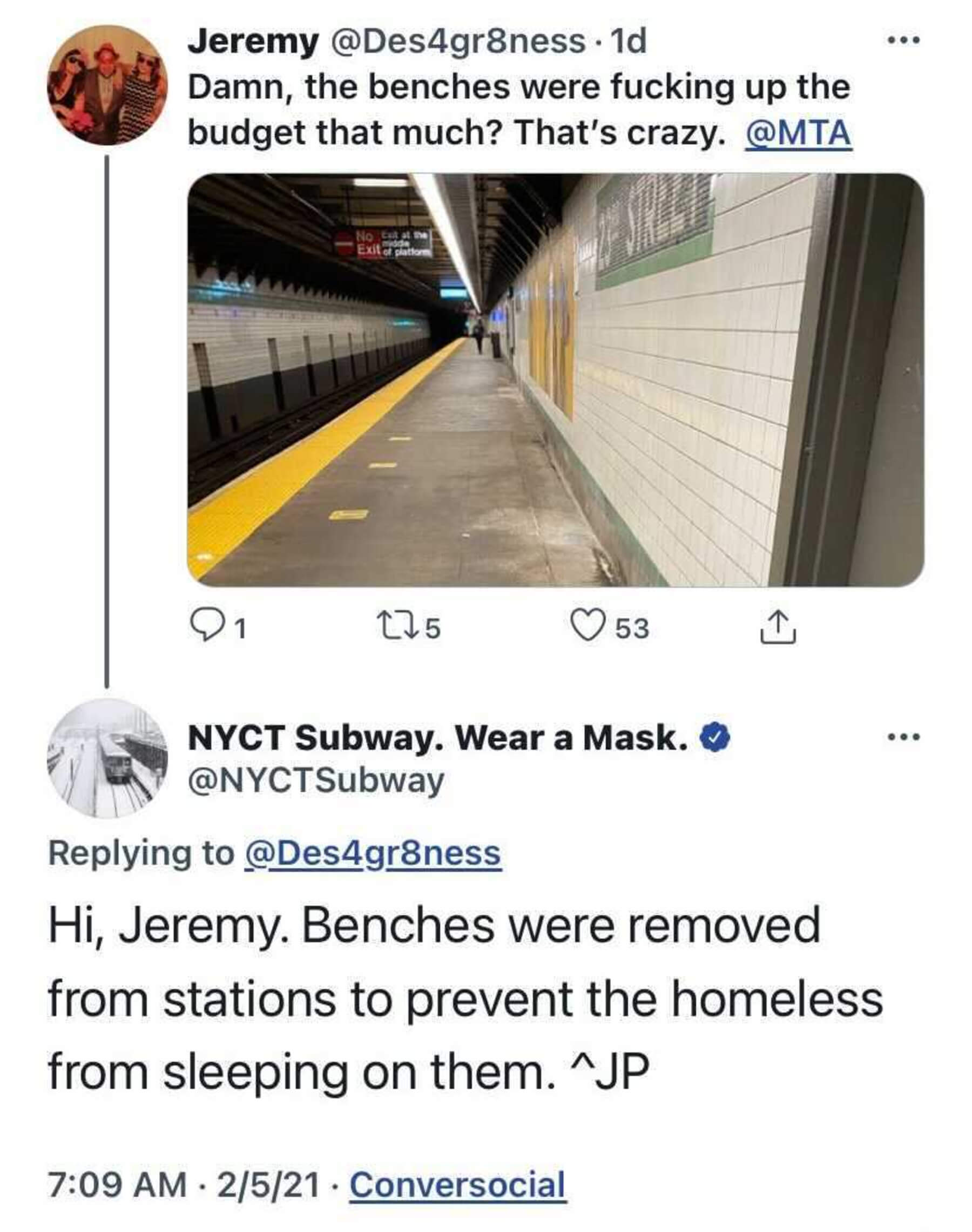 MTA criticized after tweet cites homelessness for the reason subway benches removed 2