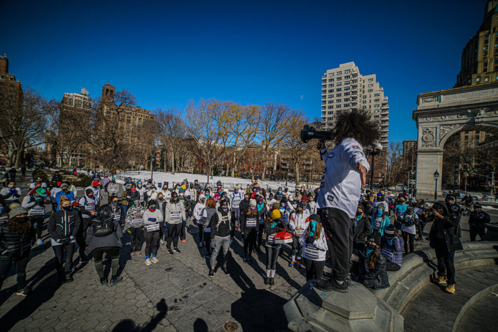 Running in protest: Activists race in Washington Square Park for racial justice and gun violence awareness during Black History Month 2