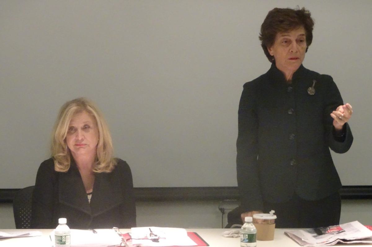 Rep. Carolyn Maloney (left) and former Rep. Elizabeth Holtzman (right) brief Manhattan on the impeachment process (photo by William Engel)