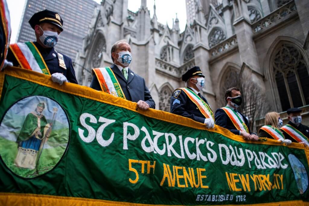 Revellers arrive to St. Patrick’s Cathedral after marching during St. Patrick’s Day in New York