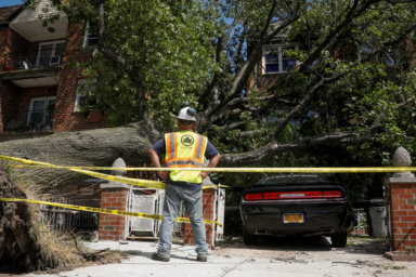 A New York City worker looks at the damage from a tree that has fallen on a house and car during the clean up of Tropical Storm Isaias in the Astoria neighborhood of Queens, New York
