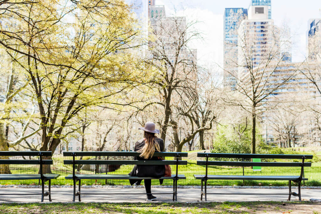 Rear view of woman sitting on bench at Central Park in city