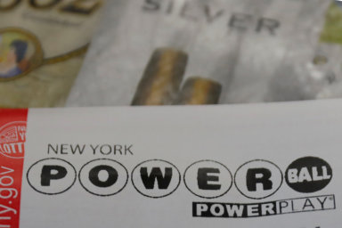 A Powerball lottery ticket is seen in Port Washington, New York