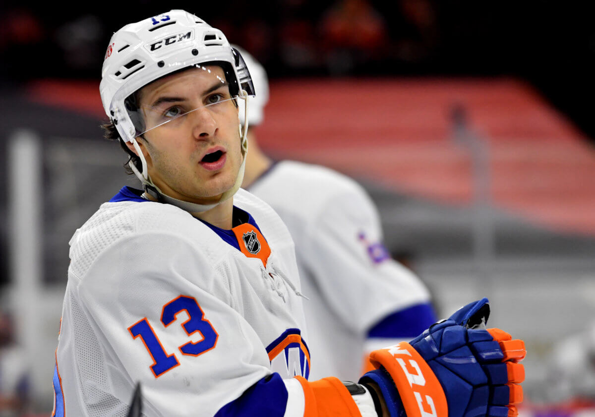 New York Islanders center Mathew Barzal (13) wears a Hockey Fights