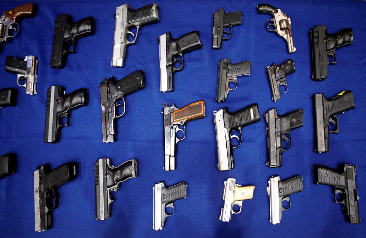 FILE PHOTO: Seized handguns are pictured at the police headquarters in New York City