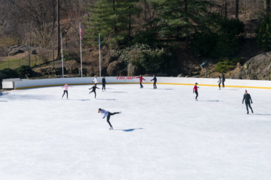 Wollman Rink, skaters, sunny, ice, buildings