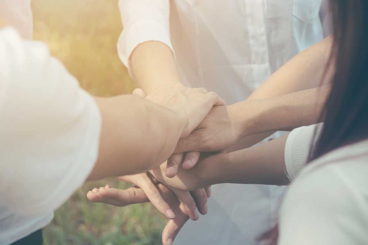 Team teamwork business join hand together concept, Power of male and female volunteer charity work, Stack of people hand