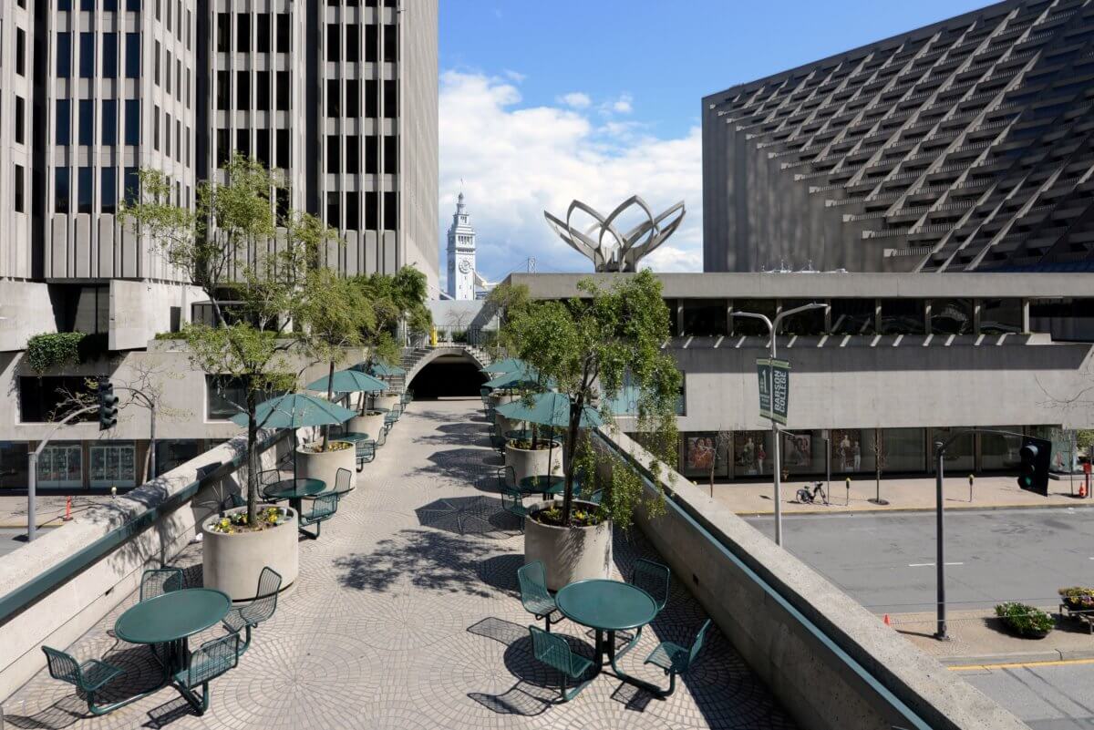 San Francisco’s Embarcadero Center, typically bustling during the work week, is seen empty during the mandatory shelter-in-place order in San Francisco