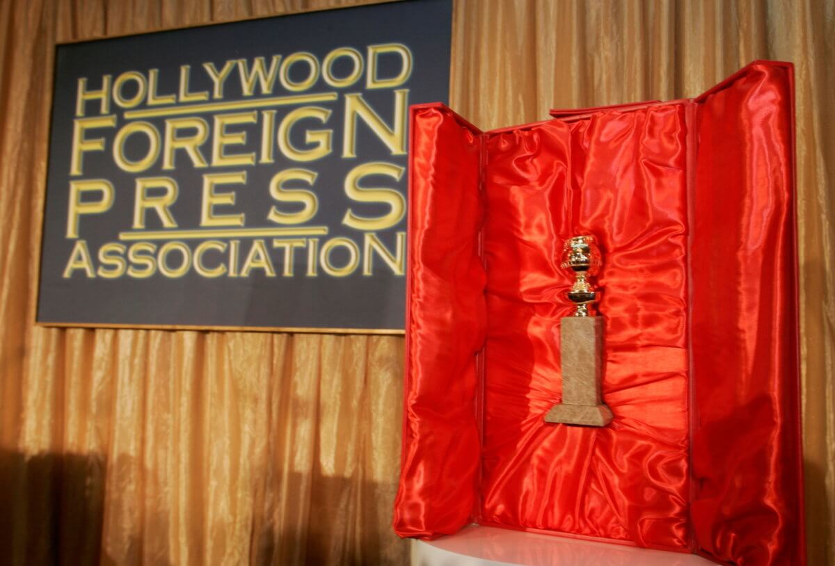FILE PHOTO: The Hollywood Foreign Press Association’s Golden Globe statuette is seen with its red velvet-lined, leather-bound chest during a news conference in Beverly Hills, California