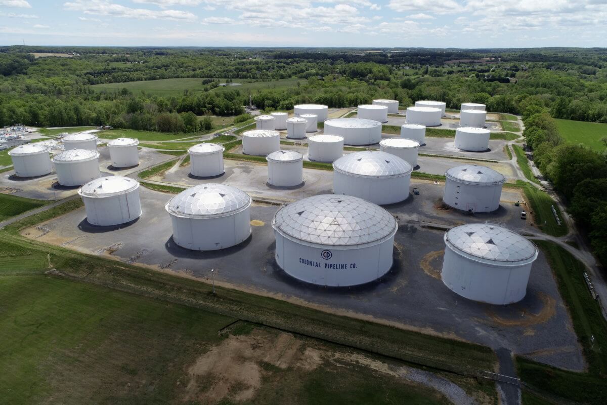FILE PHOTO: Holding tanks are seen in an aerial photograph at Colonial Pipeline’s Dorsey Junction Station
