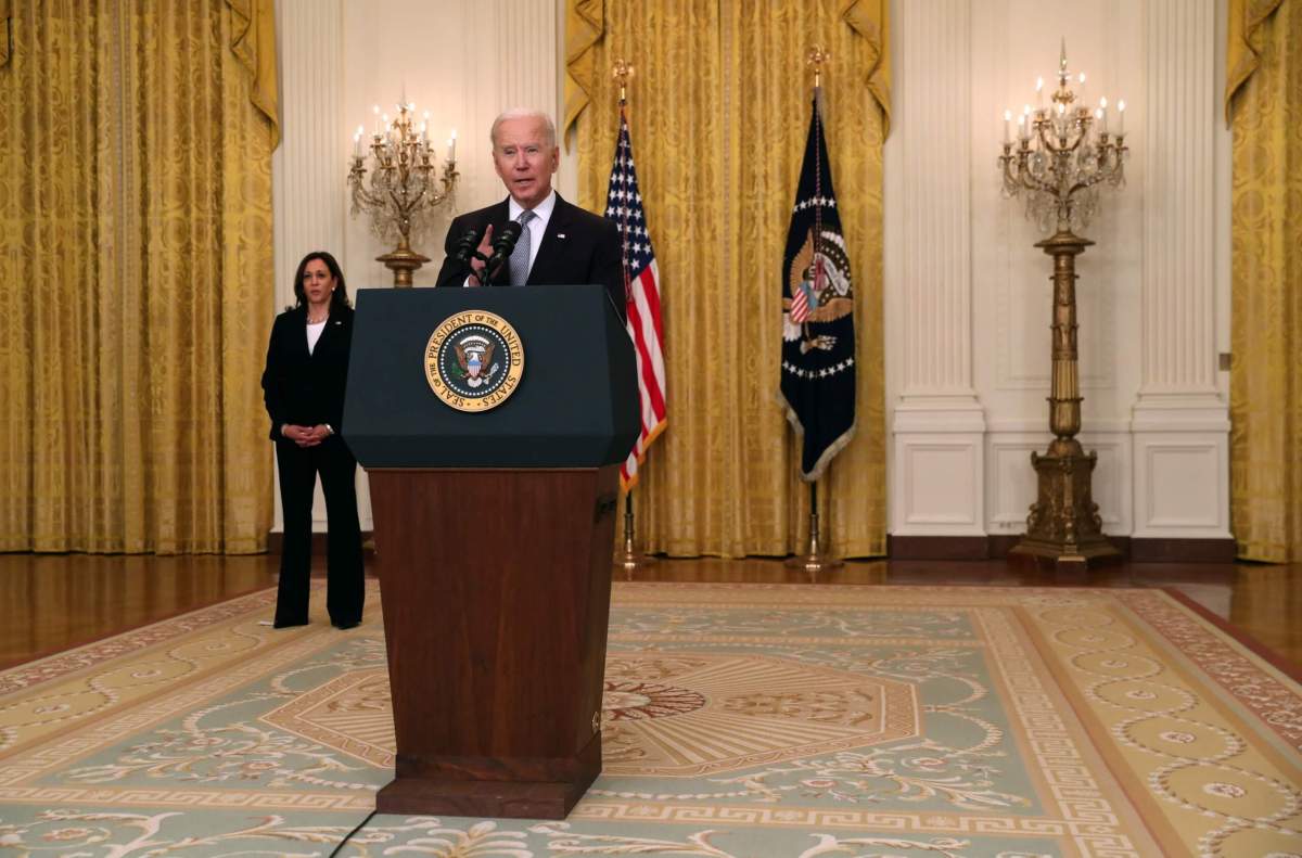 U.S. President Joe Biden delivers remarks from the East Room of the White House in Washington
