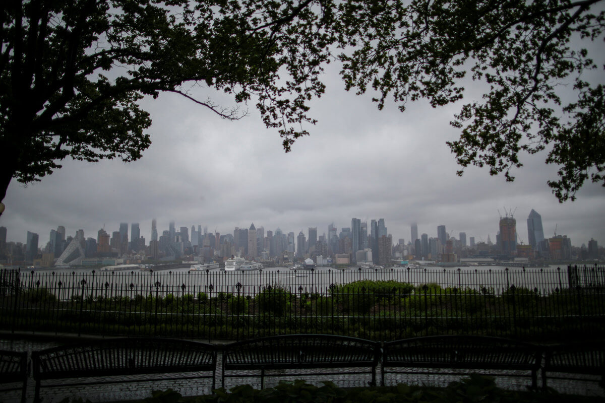 The skyline of Manhattan in New York is seen during a rainy day from Weehawken, New Jersey
