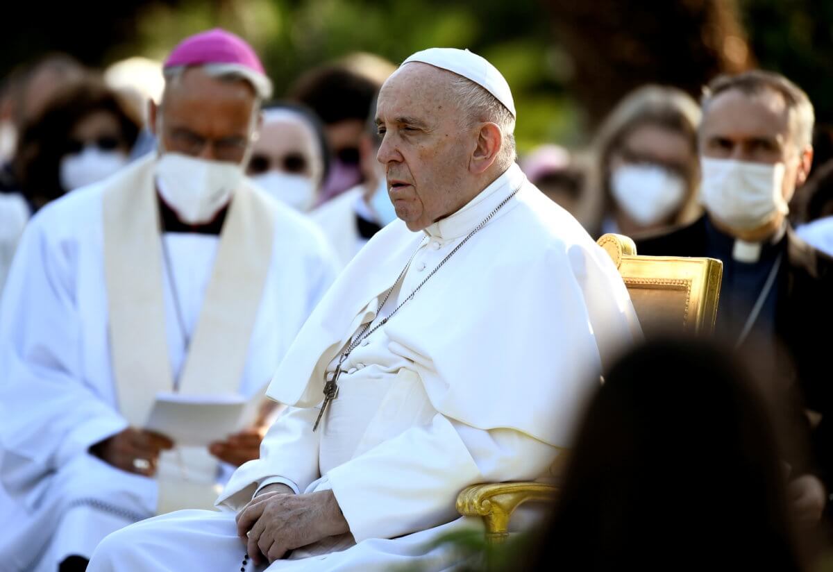 FILE PHOTO: Pope Francis leads Holy Rosary prayer in Vatican gardens to end the month of May