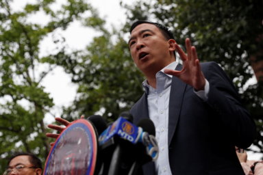 Andrew Yang, Democratic candidate for mayor of New York City, speaks during a rally against Asian hate crimes following the May 31, 2021  unprovoked attack on a 55 year old Asian woman, in Manhattan’s Chinatown district of New York City