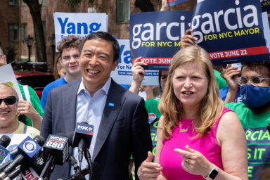 Yang and Garcia, Democratic candidates for New York City Mayor, speak during a campaign appearance