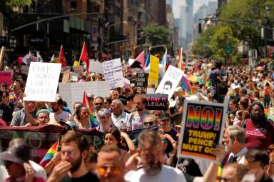 Activists march in the Alternative Queer Liberation March on 2019 World Pride NYC and Stonewall 50th LGBTQ Pride day in New York