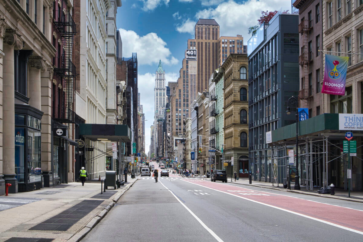 New York City, United States – May 2 2020: street road in Manhattan at summer time. Urban big city life concept background