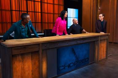 Host Ted Allen, Judges Marcus Samuelsson, Maneet Chauhan and Alton Brown, as seen on Chopped Alton’s Maniacal Baskets