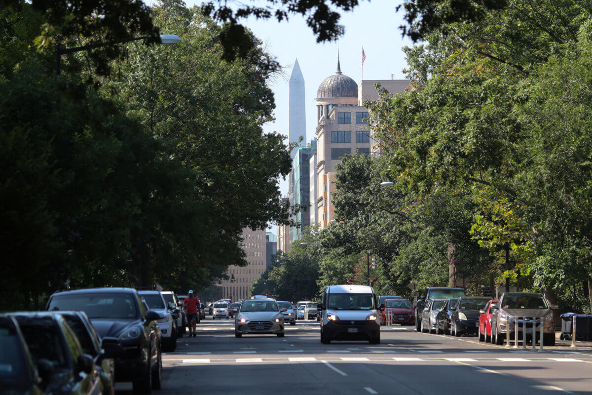 Cars pass along 15th street amid the coronavirus disease (COVID-19) outbreak in Washington