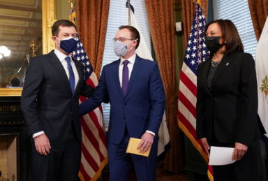 Harris performs a ceremonial swearing-in for Pete Buttigieg at the White House in Washington