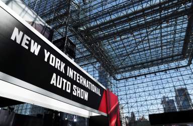 FILE PHOTO: A sign for the auto show is pictured at the 2019 New York International Auto Show in New York City
