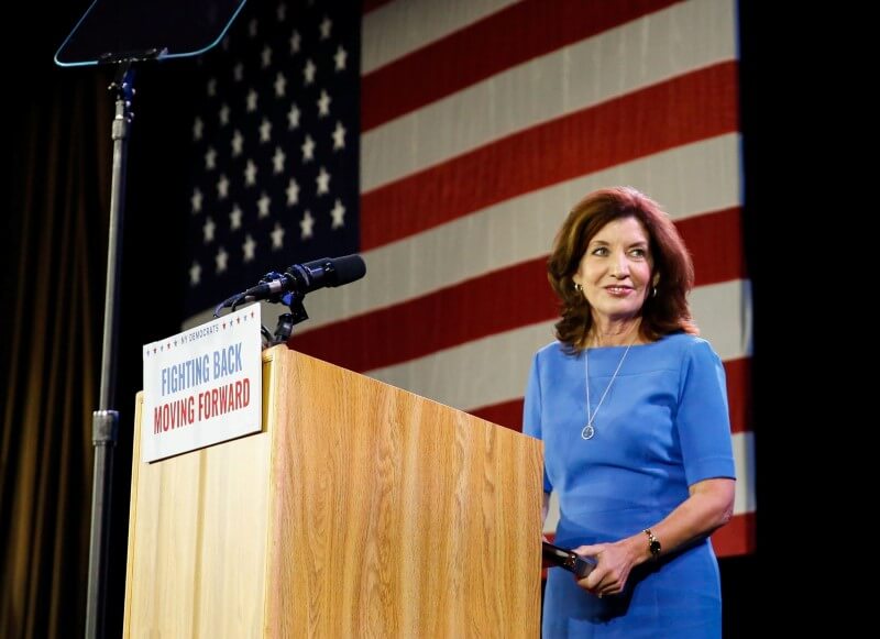 Democratic Lt. Governor Kathy Hochul addresses the crowd after news of her reelection at the midterm election night party in New York City