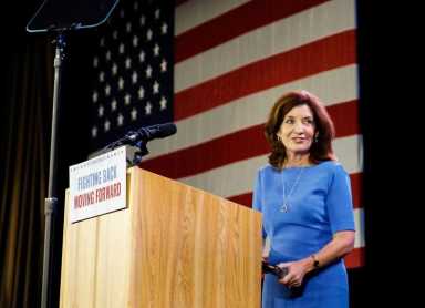 Democratic Lt. Governor Kathy Hochul addresses the crowd after news of her reelection at the midterm election night party in New York City