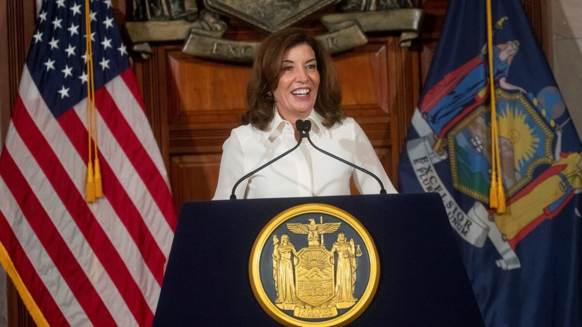 New York Governor Kathy Hochul speaks to the media after a swearing-in ceremony at the New York State Capitol, in Albany, New York