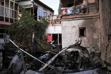 General view of a residence house destroyed after a rocket attack in Kabul, Afghanistan