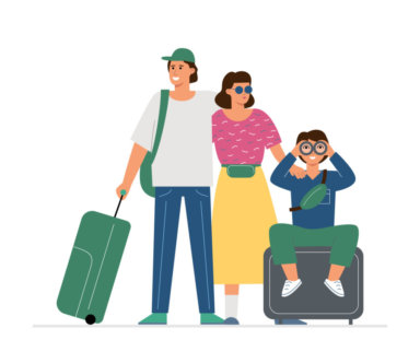 A family with suitcases, a symbol of tourism and a happy journey.