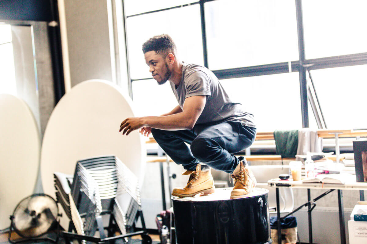 Jon Michael Hill in rehearsal for PASS OVER – photo by Marc Franklin