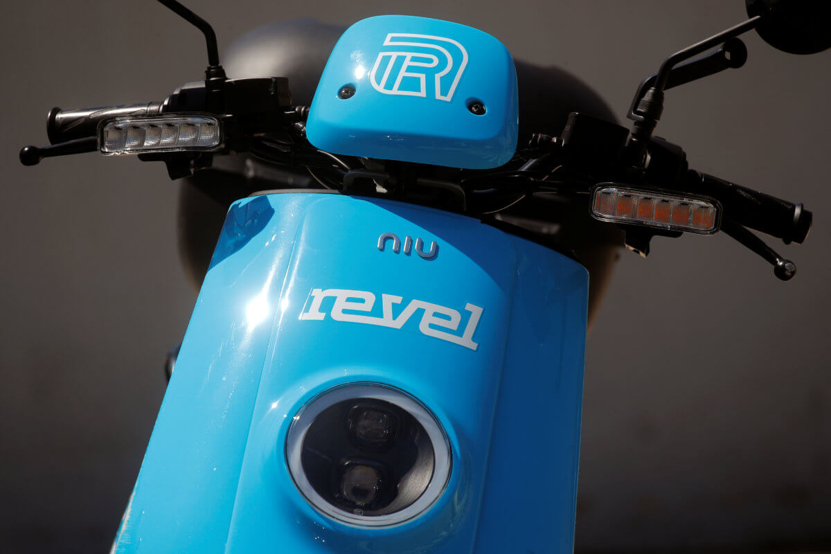 Revel app-based electric scooter is parked idle following  suspension of service in New York