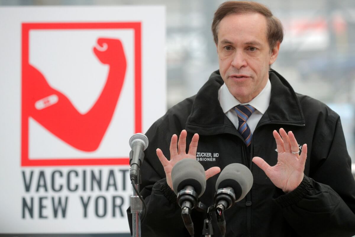 New York State Department of Health Commissioner Howard Zucker speaks during a news conference at the opening of the the New York State coronavirus disease vaccination site at the Jacob K. Javits Convention Center, in New York