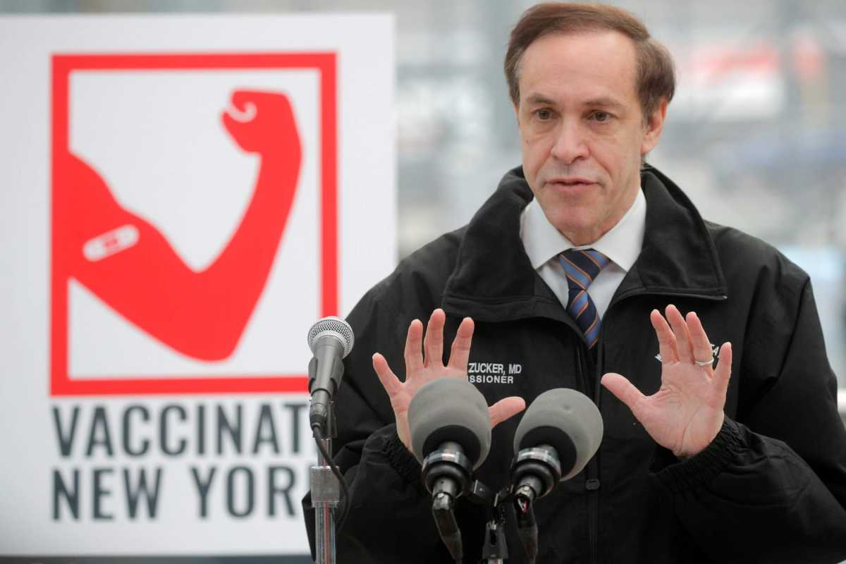 New York State Department of Health Commissioner Howard Zucker speaks during a news conference at the opening of the the New York State coronavirus disease vaccination site at the Jacob K. Javits Convention Center, in New York