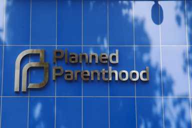 A sign is pictured at the entrance to a Planned Parenthood building in New York
