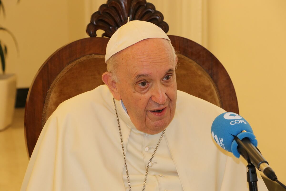 Pope Francis speaks during an interview with Spanish radio station COPE at the Vatican City
