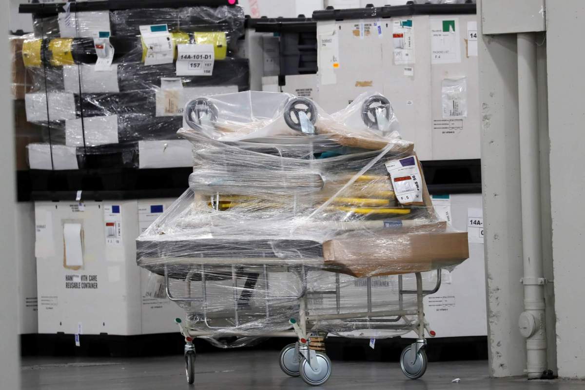 FILE PHOTO: Medical equipment is seen stored inside the Jacob K. Javits Convention Center which will be partially converted into a temporary hospital during the outbreak of the coronavirus disease (COVID-19) in New York(COVID-19) in New York