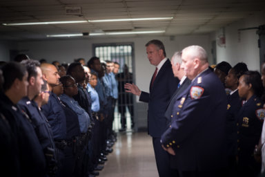 Mayor Bill de Blasio and Department Correction Commissioner Joseph Ponte tour Rikers Island where he met with Correction Officers and held a press conference