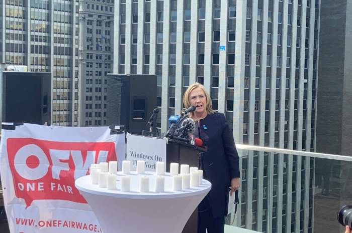Former Secretary of State Hillary Clinton speaks at One Fair Wage's event honoring Windows on the World workers
