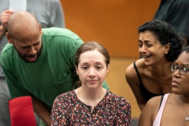 ‘Yonatan Gebeyehu, Sarah Rose Kearns, Nandita Shenoy, & Shaun Bennet Fauntleroy in rehearsals for Bedlam’s Persuasion, Photo by Ashley Garrett, 2021