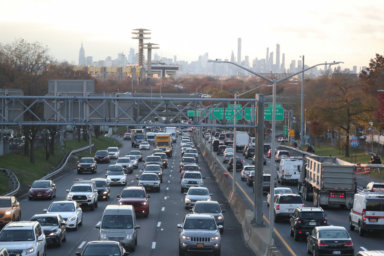 Automobiles drive in heavy traffic along the Long Island Expressway in the Queens borough of New York