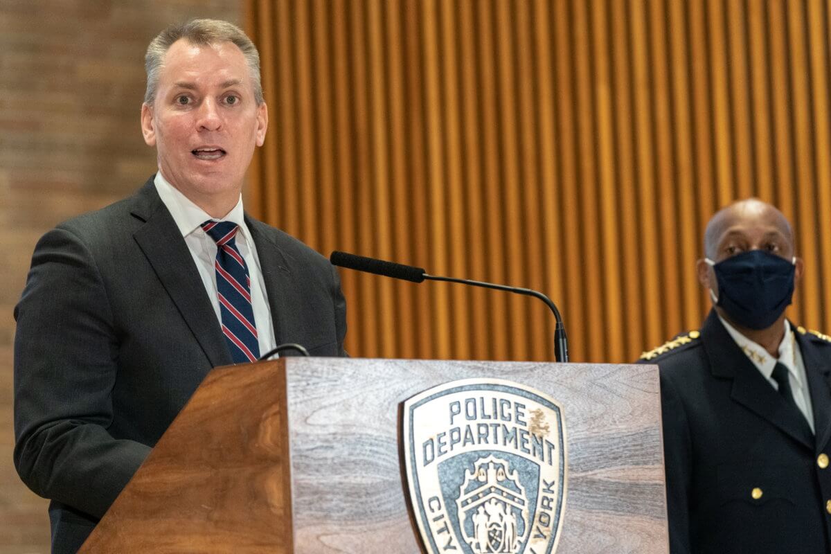 NYPD Commissioner Dermot Shea speaks at a news conference announcing charges against Brandon Elliot, following his arrest for attacking an elderly Asian woman, in New York
