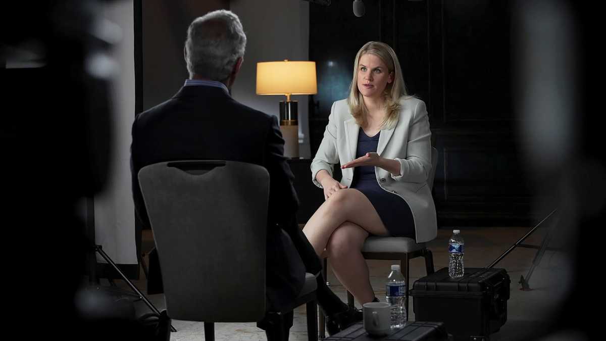 Facebook whistleblower Frances Haugen is interviewed by Scott Pelley for a CBS News 60 Minutes program