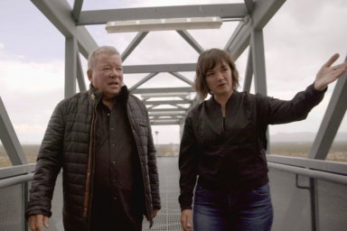 William Shatner tours the launch tower with Blue Origin’s Sarah Knights at Launch Site One
