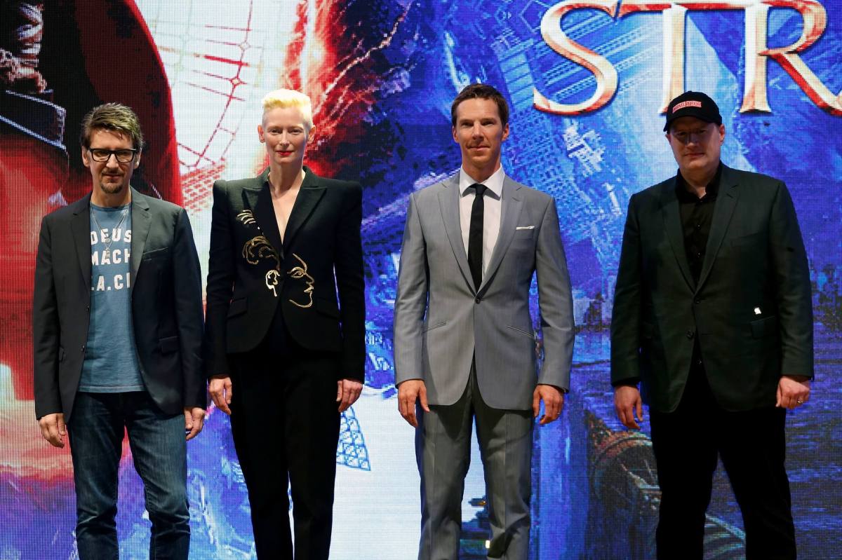 FILE PHOTO: Director Derrickson, actors Swinton, Cumberbatch and Marvel Studio President Feige attend a promotion of film “Doctor Strange” in Hong Kong