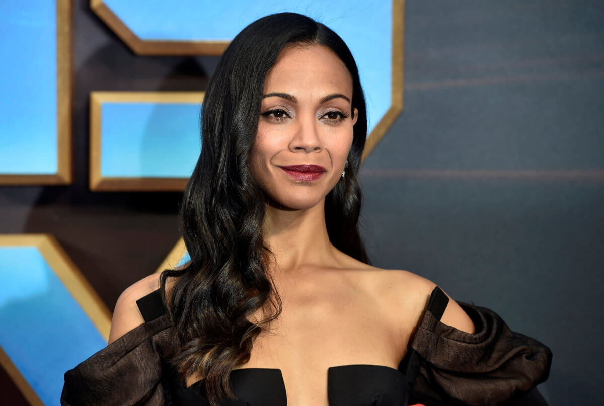 Actor Zoe Saldana attends a premiere of the film “Guardians of the galaxy, Vol. 2” in London.