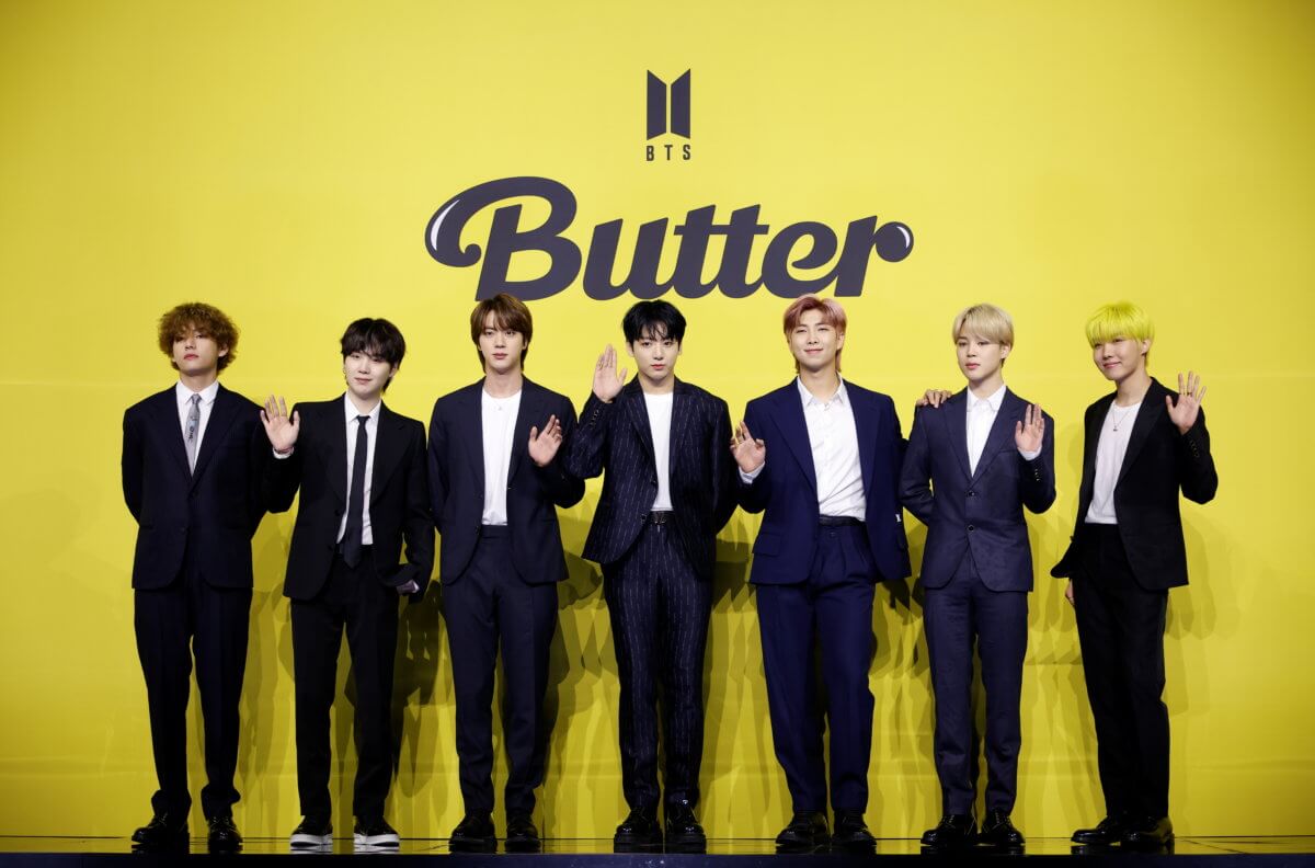 Members of K-pop boy band BTS pose for photographs during a photo opportunity promoting their new single ‘Butter’ in Seoul