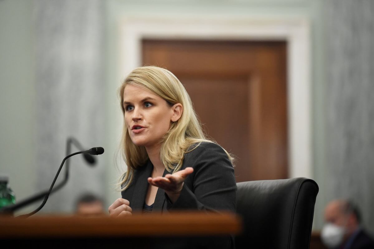 FILE PHOTO: Former Facebook employee and whistleblower Frances Haugen testifies during a hearing entitled ‘Protecting Kids Online: Testimony from a Facebook Whistleblower’ in Washington